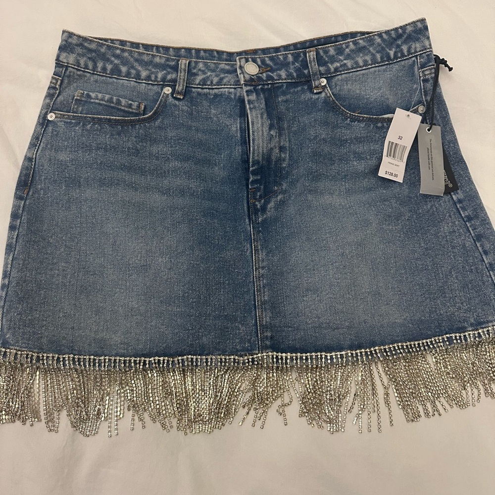 Denim Skirt with Silver Fringe